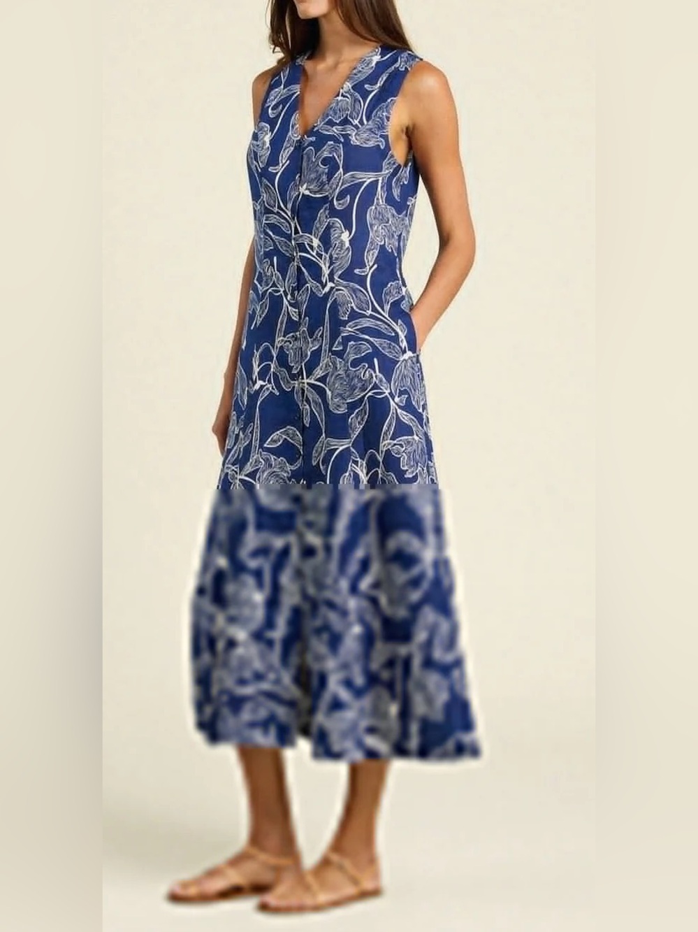 Trovata Navy and White Botanical Linen V-Neck Dress Medium - Picture 3 of 8